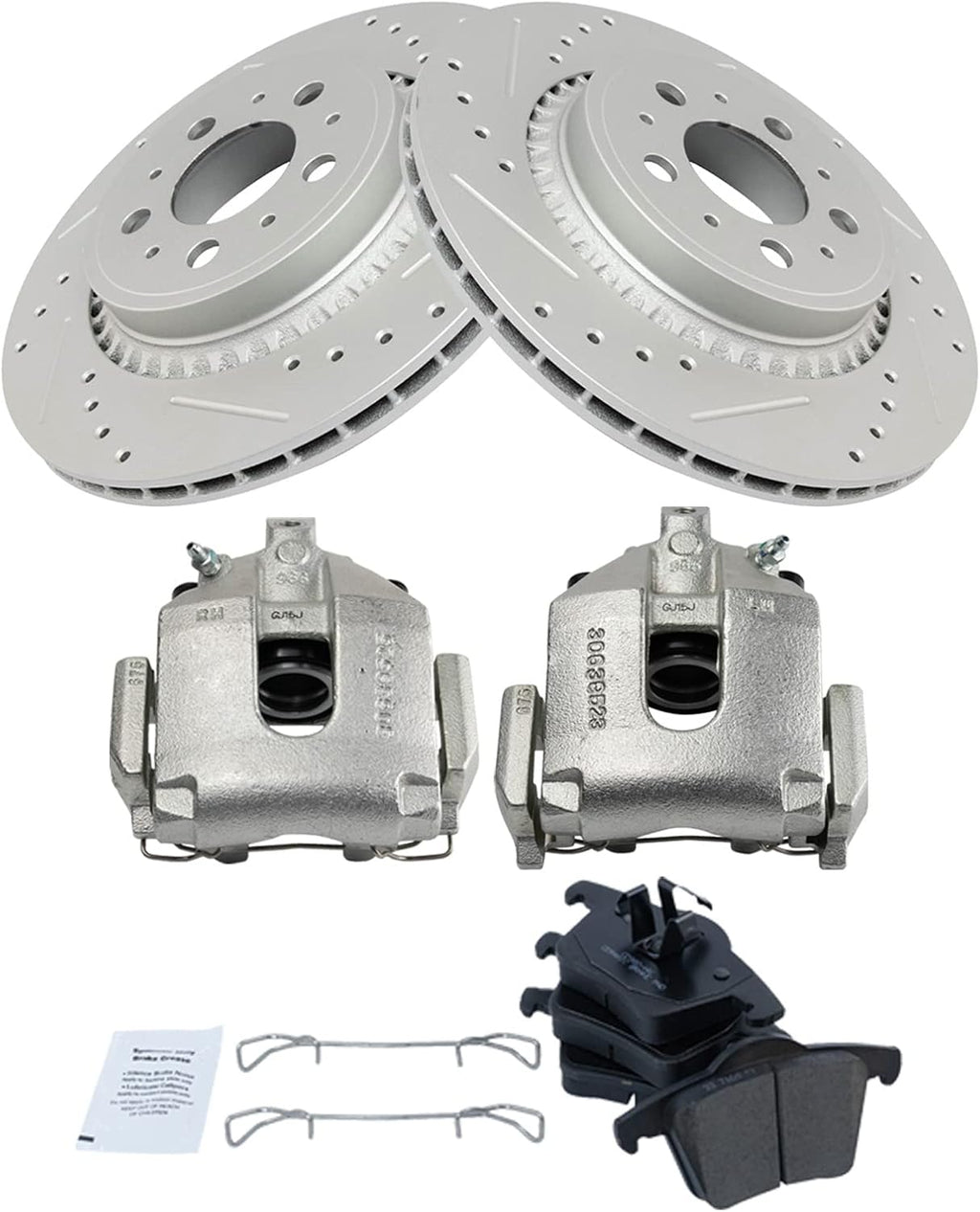TRQ Performance Rear Brake Pad and Rotor Set Ceramic Drilled Slotted Coated Rotors Calipers Compatible with 2003-2014 Volvo XC90
