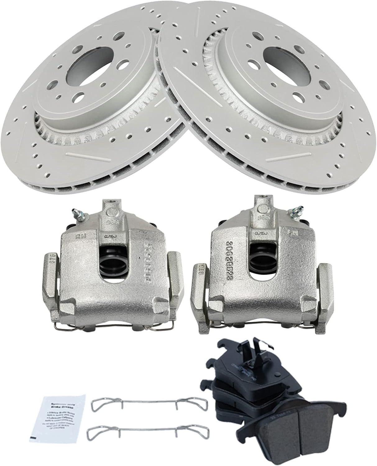 TRQ Performance Rear Brake Pad and Rotor Set Ceramic Drilled Slotted Coated Rotors Calipers Compatible with 2003-2014 Volvo XC90
