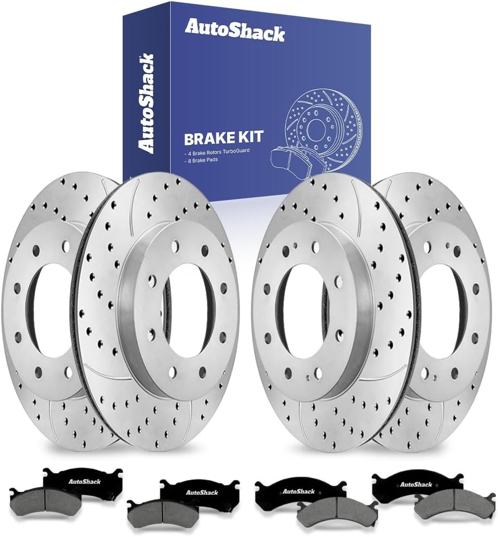 AutoShack Front & Rear Brake Rotors & Premium Pads for Chevrolet, Silverado 2500 HD 2001-2010, 4WD RWD V8 6.0L 6.6L 8.1L - Coated Drilled & Slotted - Silver Matte Finish - TurboGuard