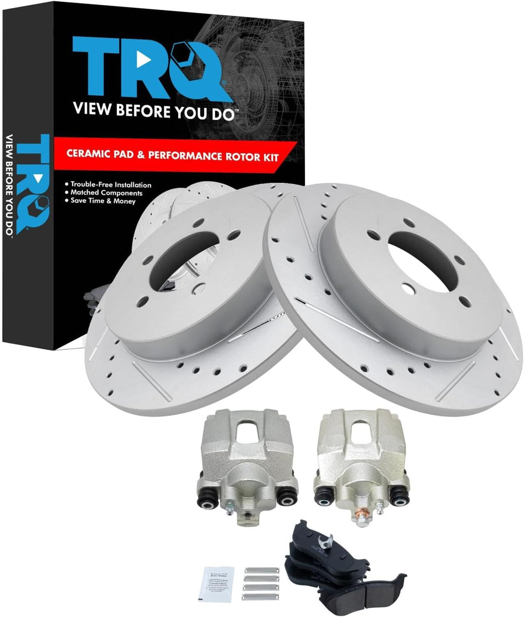 TRQ Performance Rear Brake Pad and Rotor Set Ceramic Solid Rotors Calipers Compatible with 2002-2005 Ford Explorer Mercury Mountaineer