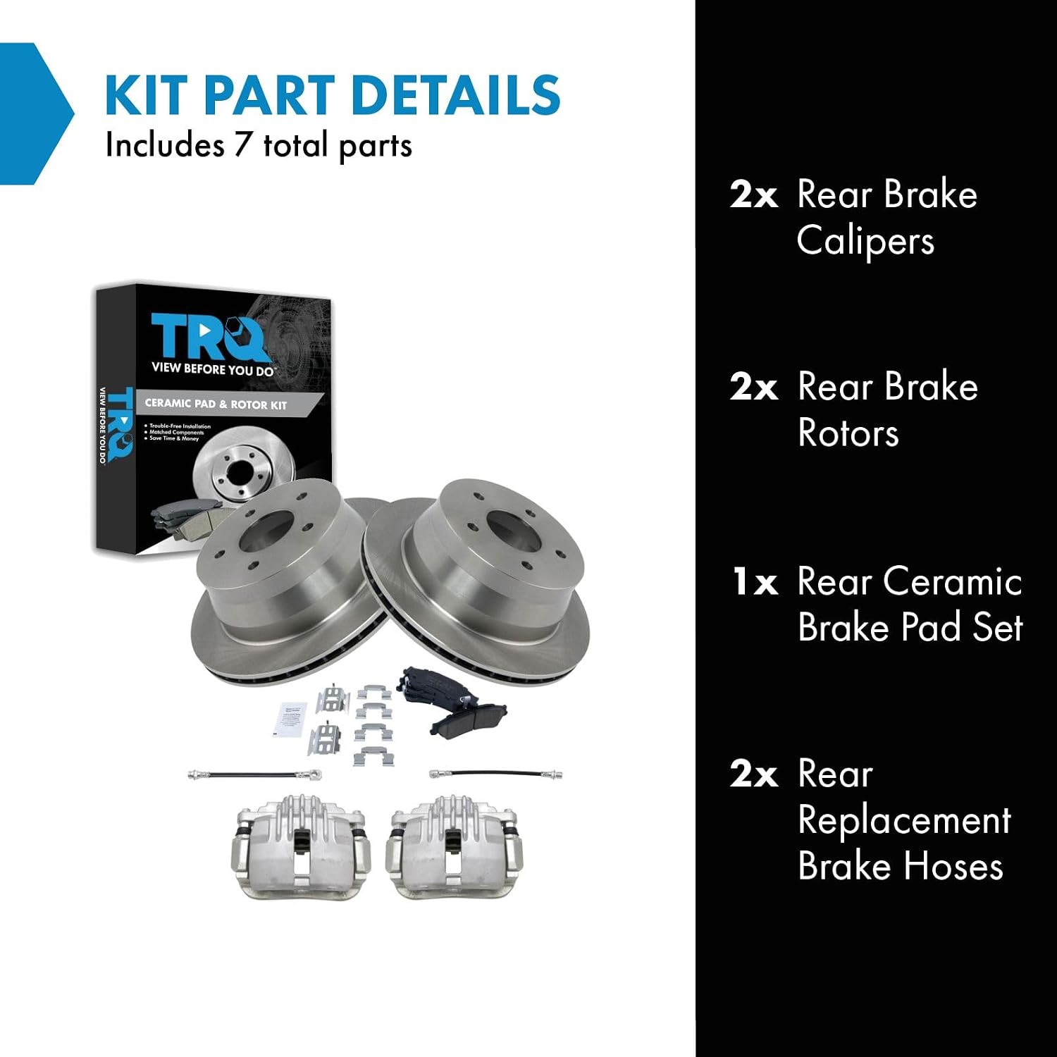 TRQ Rear Brake Pad and Rotor Set Ceramic Rotors Calipers Hoses Compatible with 1998-2003 Chevrolet S10 GMC Sonoma