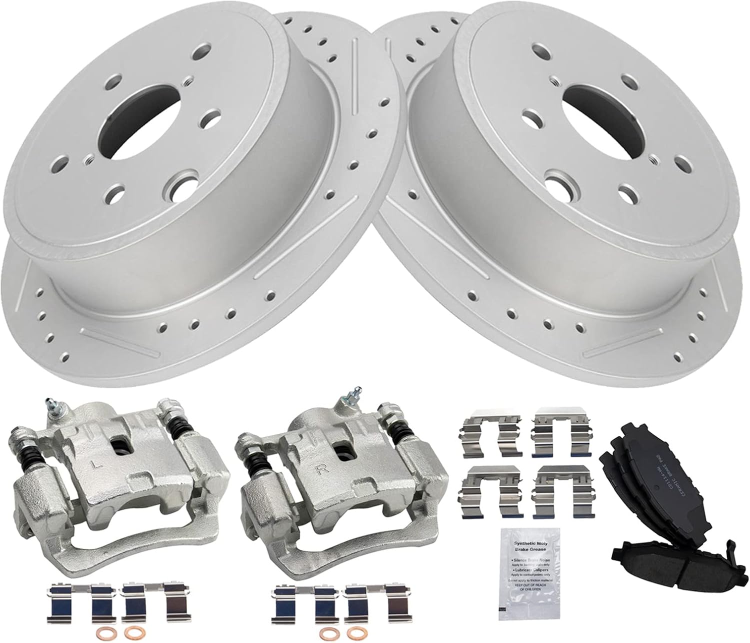 TRQ Performance Rear Brake Pad and Rotor Set Ceramic Slotted Drilled G Coated Rotors Calipers Compatible with 2015-2019 Subaru WRX
