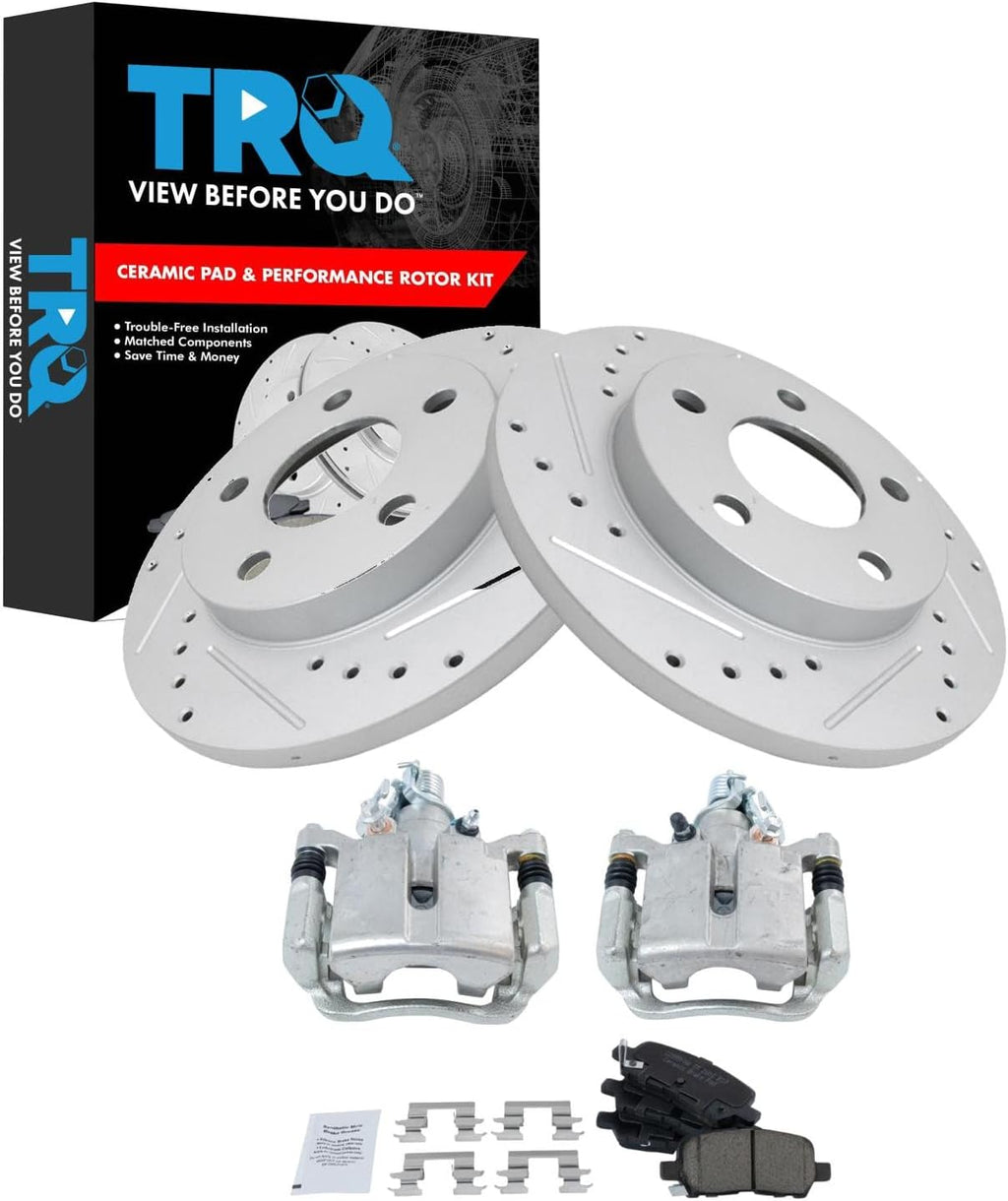 TRQ Performance Rear Brake Pad & Rotor Set Ceramic Drilled Slotted Coated Rotors Calipers Compatible with 05-09 Buick LaCrosse 11-13 Chevrolet Impala 14-16 Impala Limited 05-08 Pontiac Grand Prix