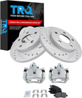 TRQ Performance Rear Brake Pad & Rotor Set Ceramic Drilled Slotted Coated Rotors Calipers Compatible with 05-09 Buick LaCrosse 11-13 Chevrolet Impala 14-16 Impala Limited 05-08 Pontiac Grand Prix