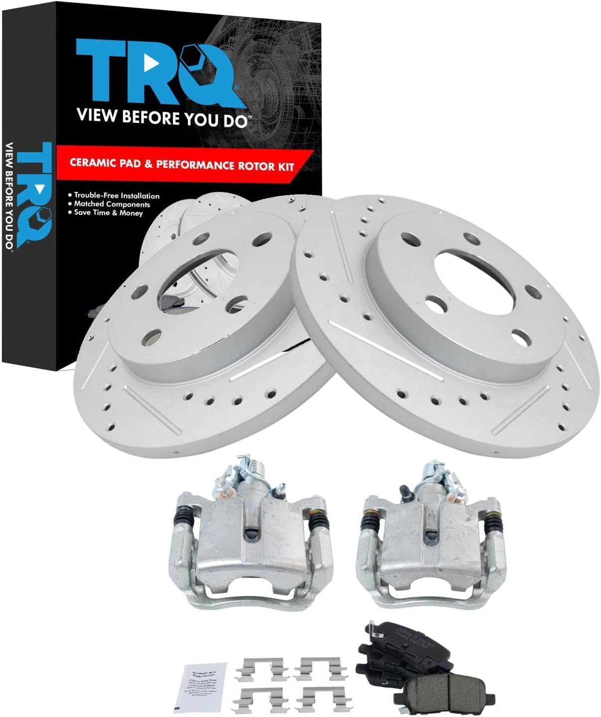 TRQ Performance Rear Brake Pad & Rotor Set Ceramic Drilled Slotted Coated Rotors Calipers Compatible with 05-09 Buick LaCrosse 11-13 Chevrolet Impala 14-16 Impala Limited 05-08 Pontiac Grand Prix