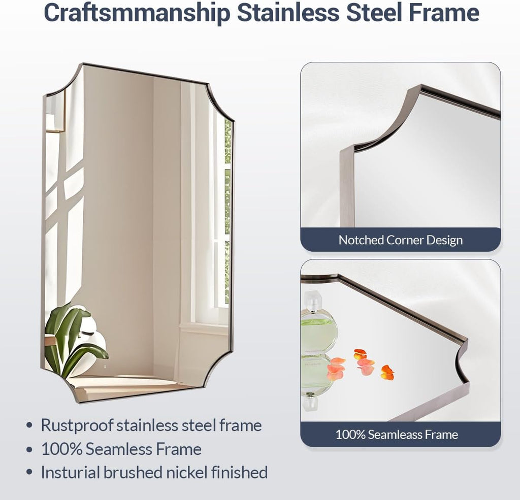 MIRRORART Brushed Nickel Mirrors 24x36 Inch, Contemporary Scalloped Silver Bathroom Mirrors, Notched Corner Rectangle Mirror for Home Remodel in 1'' Stainless Steel Metal Frame Wall Mount Two Ways