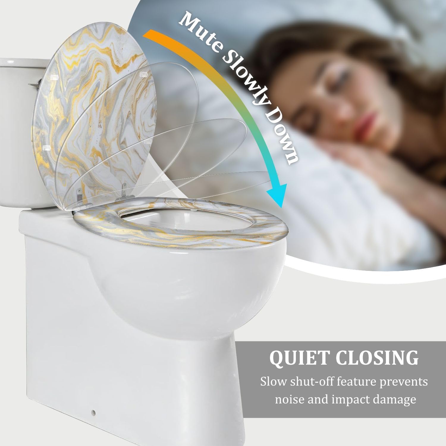 Elongated Toilet Seat marble ink paper texture white silver gold Resin Toilet Seat Quietly Close Quick Release Hinges Decorative Toilet Seat with Cover Easy to Install, Style 2