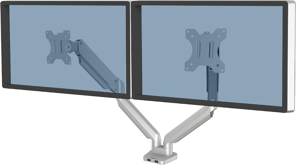 Fellowes Platinum Series Dual Monitor Arm for 40-Inch Monitors, Full Motion, 360° Rotation, VESA Mount with Grommet or Clamp, USB Ports, Ergonomic, Silver, 8056501