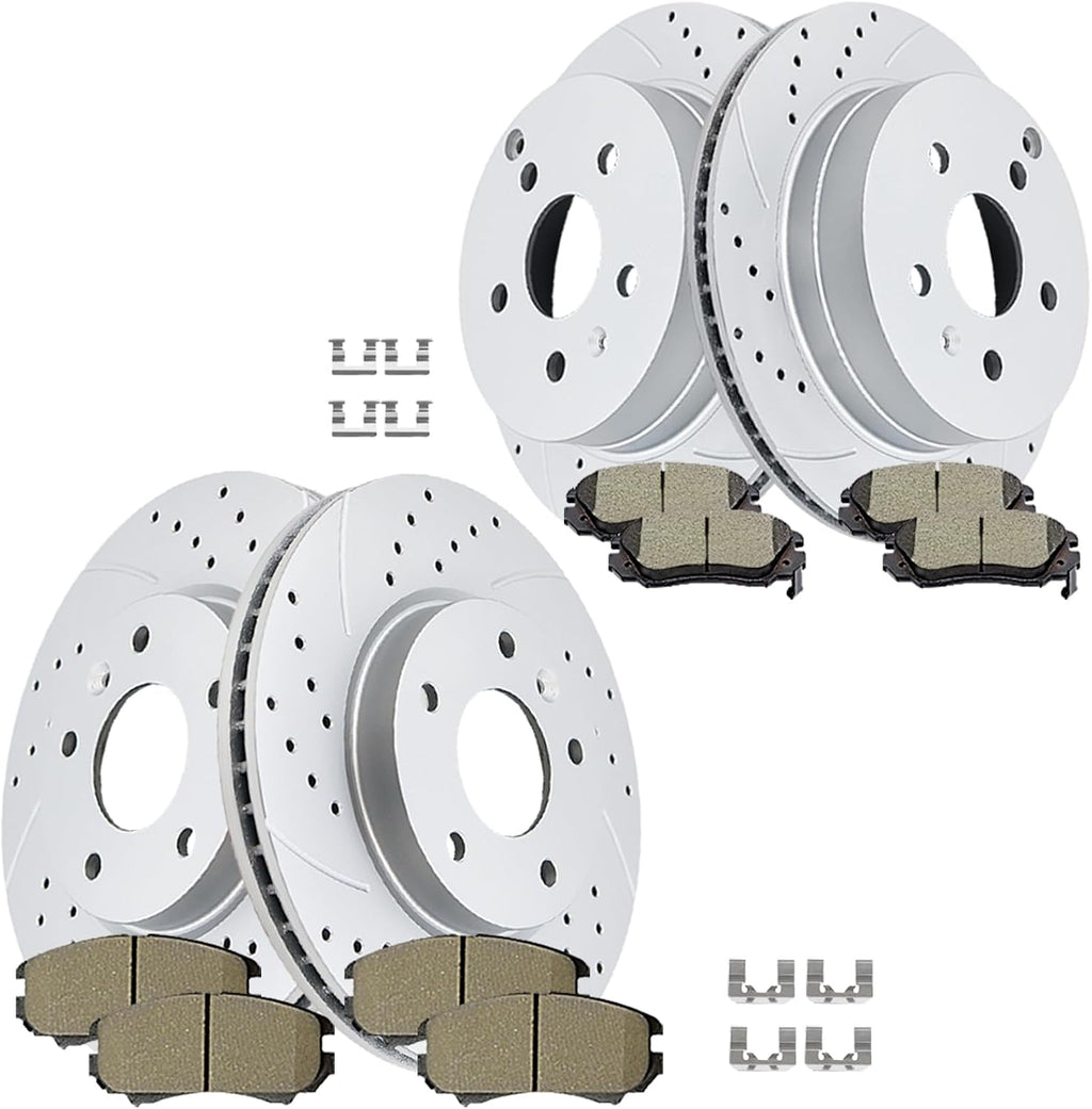 Front (12.64', 321mm) and Rear Drilled and Slotted Rotors Ceramic Brake Pads Replacement for 2010-2017 GMC Terrain 2010-2017 CHEVY Equinox