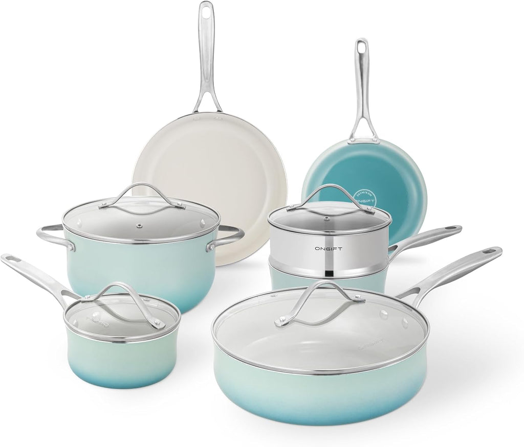 ONGIFT Kitchen Pots and Pans Set Non Stick, 11 Pcs Ceramic Cookware Set with Stay-Cool Handle, Pot and Pan Set NonToxic PFOA/PFAS Free, Dishwasher/Oven Safe, Evenly Heats, Enamel Exterior - Teal