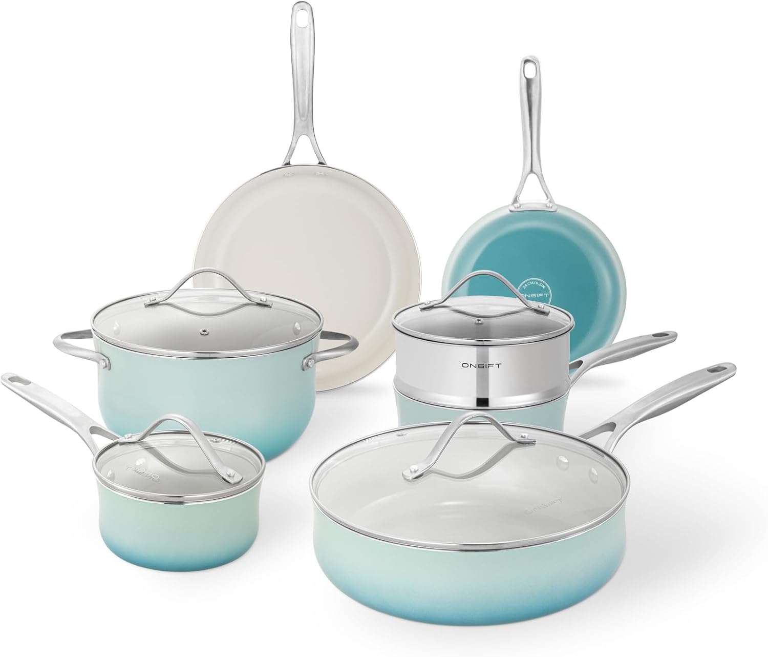 ONGIFT Kitchen Pots and Pans Set Non Stick, 11 Pcs Ceramic Cookware Set with Stay-Cool Handle, Pot and Pan Set NonToxic PFOA/PFAS Free, Dishwasher/Oven Safe, Evenly Heats, Enamel Exterior - Teal