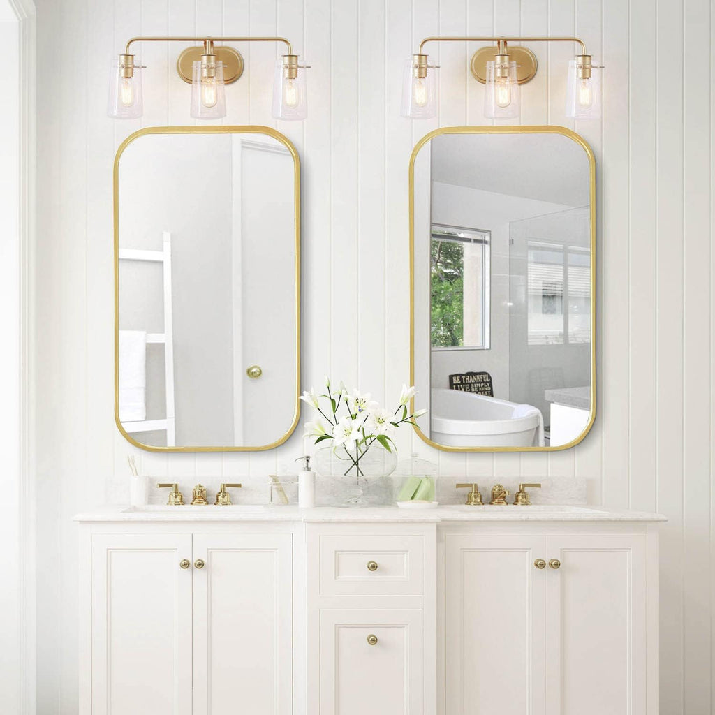 KSANA Gold Bathroom Light Fixtures, Modern Vanity Lights for Bathroom, 3-Light Bathroom Lights Over Mirror with Seeded Glass Shade and Soft Gold Finish, 22.5'' L x 5.5' W x 9'' H