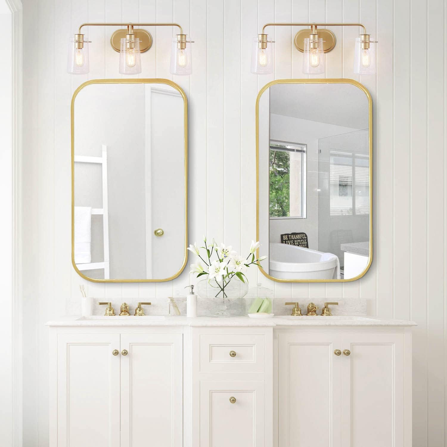 KSANA Gold Bathroom Light Fixtures, Modern Vanity Lights for Bathroom, 3-Light Bathroom Lights Over Mirror with Seeded Glass Shade and Soft Gold Finish, 22.5'' L x 5.5' W x 9'' H