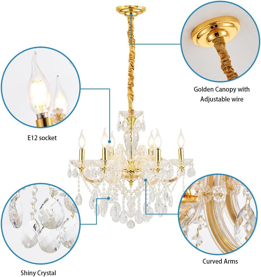 YLONG-ZS 6-Light Crystal Gold Chandelier Light Fixture for Bedroom,Modern Pendant Light Crystal Raindrop Lighting Hanging Chandelier for Living Room, Kitchen,Dining Room, Bedroom,Entryway