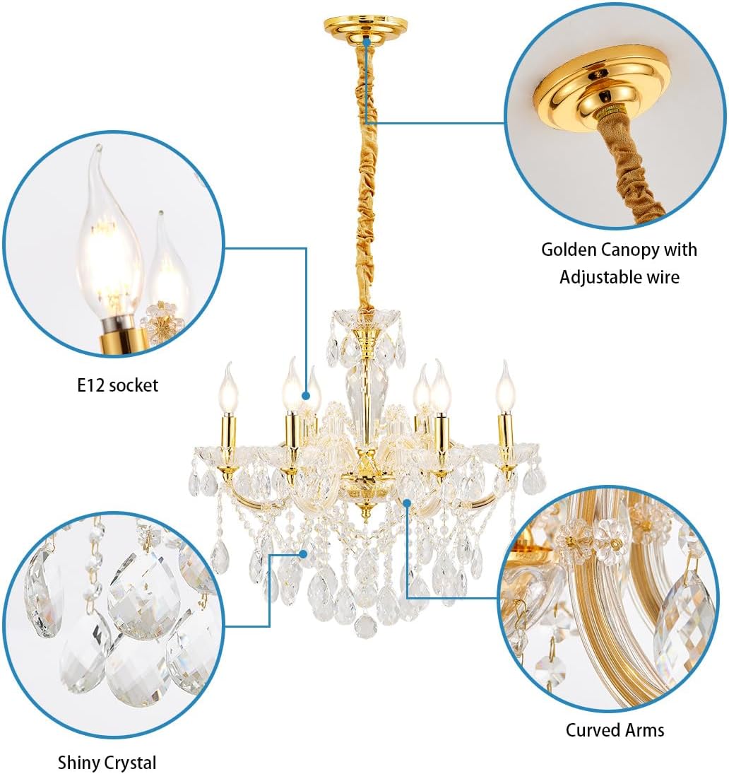 YLONG-ZS 6-Light Crystal Gold Chandelier Light Fixture for Bedroom,Modern Pendant Light Crystal Raindrop Lighting Hanging Chandelier for Living Room, Kitchen,Dining Room, Bedroom,Entryway
