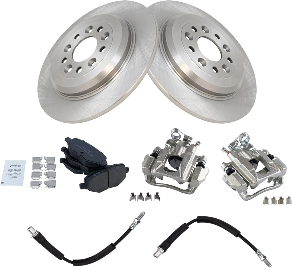 TRQ Rear Brake Pad and Rotor Set Ceramic Rotors Calipers Hoses Compatible with 2010-2012 Ford Flex 2013-2018 Taurus 2010-2013 Lincoln MKT