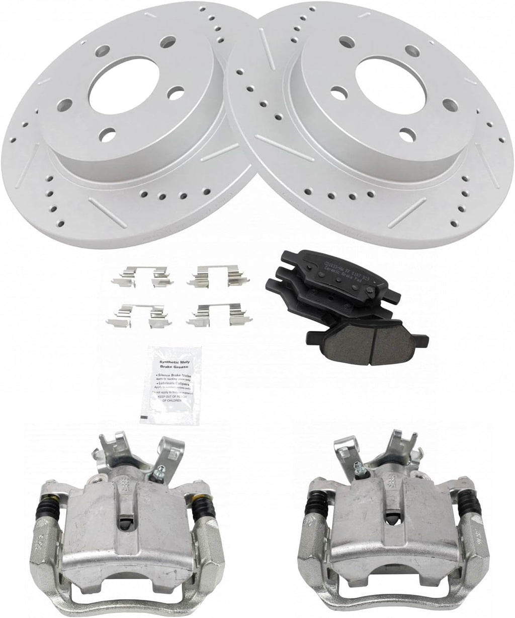TRQ Performance Rear Brake Pad and Rotor Set Ceramic Coated Drilled Slotted Vented Rotors Calipers Compatible with 04-12 Chevrolet Malibu 05-07 Cobalt 05-10 Pontiac G6 07-09 Saturn Aura
