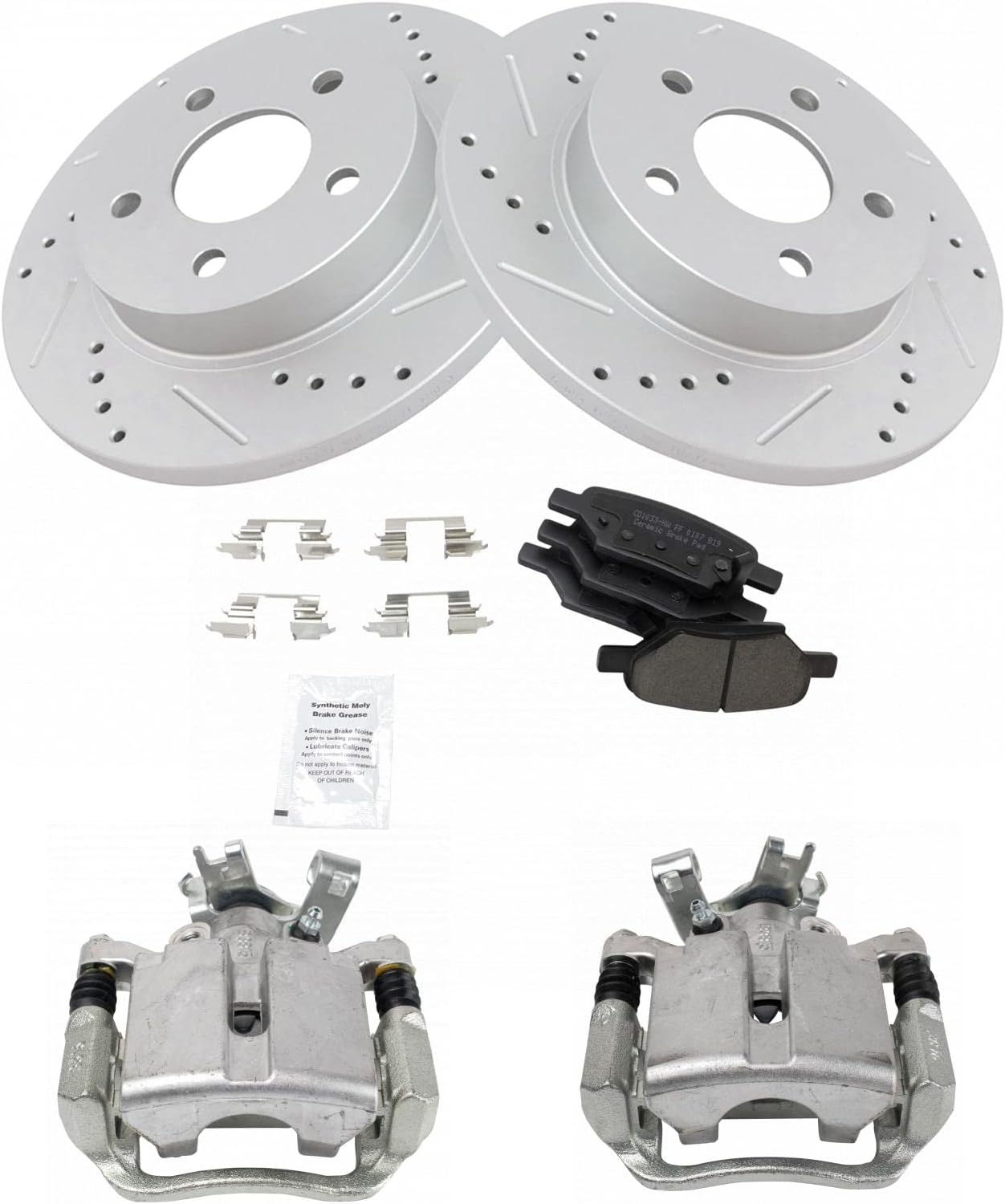 TRQ Performance Rear Brake Pad and Rotor Set Ceramic Coated Drilled Slotted Vented Rotors Calipers Compatible with 04-12 Chevrolet Malibu 05-07 Cobalt 05-10 Pontiac G6 07-09 Saturn Aura