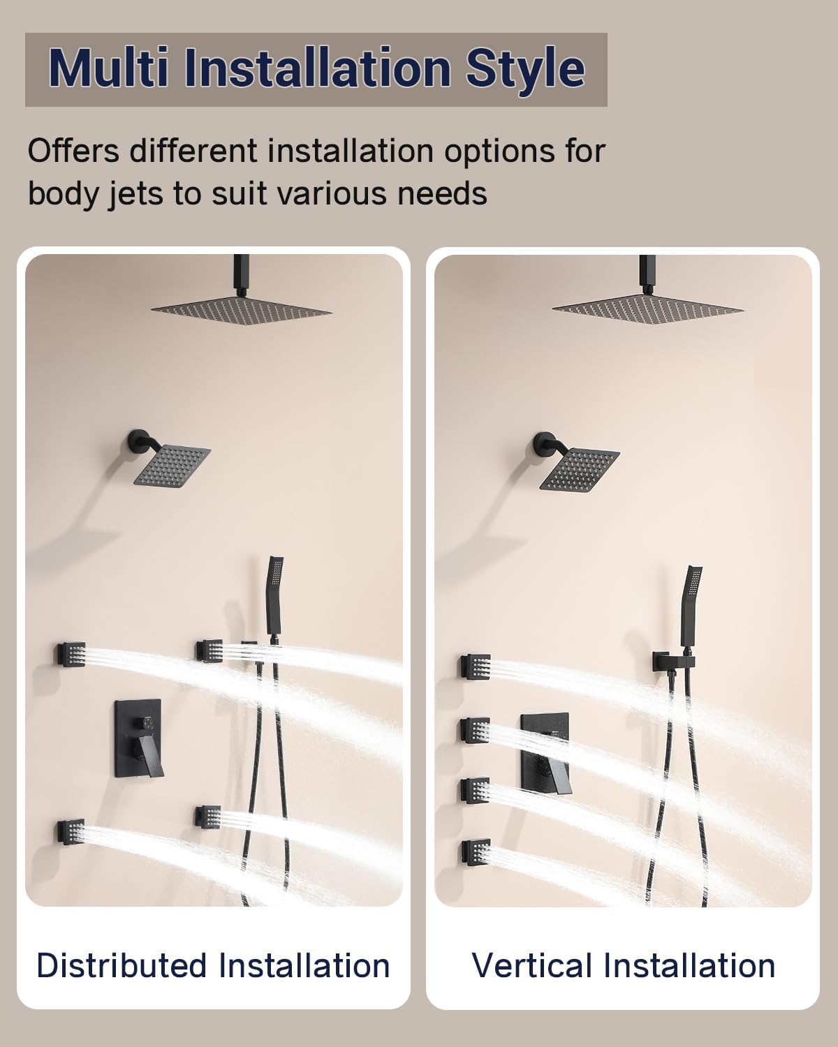 Dual Rainfall Shower Head System with 4 Body Jets, JetsBath Shower Faucet Set Double Shower Head 6-Inch Shower Head & 12' Rain Shower, Luxury Matte Black Shower Faucet Set Tandem Shower Head System