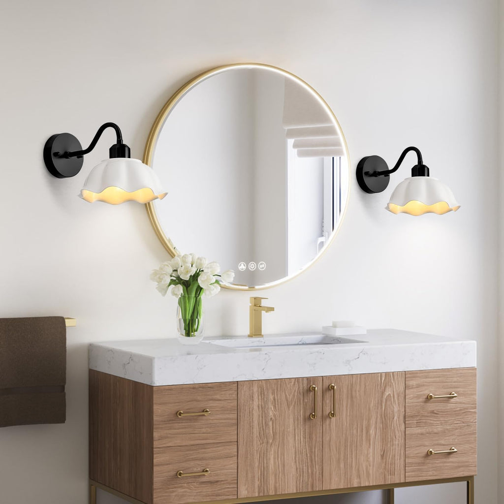 Black Bathroom Wall Sconces Set of 2 Modern White Milk Glass Wall Light Fixtures Farmhouse Living Room Wall Mounted Lights Vintage Bedroom Hardwired Vanity Wall Lamps Set of Two MWL02-2BK