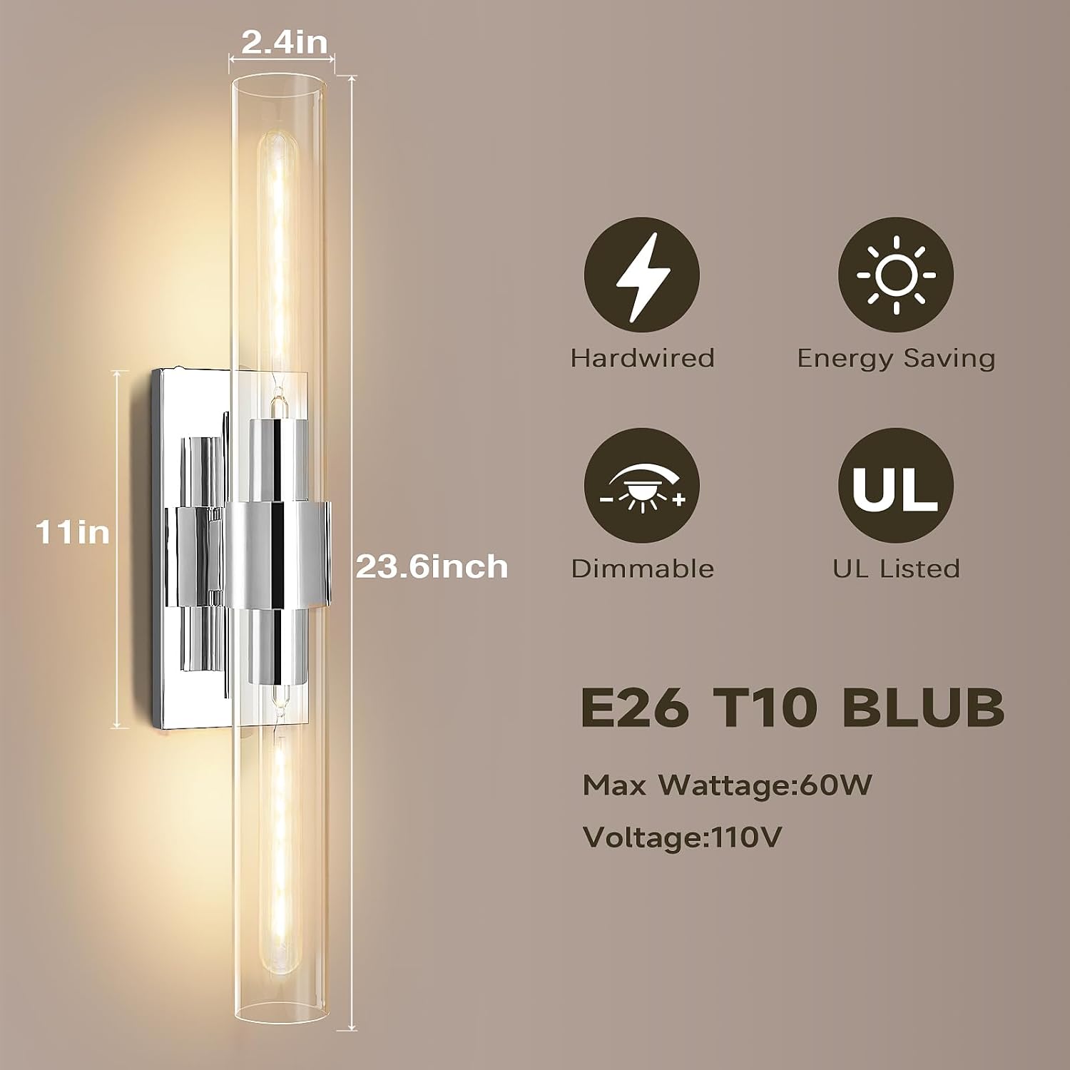Chrome Wall Sconces, 22.8' Bathroom Sconces, Indoor Sconces Wall Lighting Up and Down, Nickel Wall Sconce Dimmable, Vanity Lights Fixtures with Tube, Glass Sconce for Bedroom, Staircase