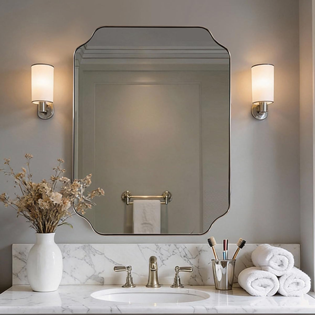MIRRORART Gold Bathroom Mirrors 22x30'', Scalloped Brass Vanity Mirrors Rounded Notched Corner in 1'' Anti-Rust Seamless SUS304 Metal Frame Wall Mounted Vertical/Horizontal for Bathroom, Over Sinks