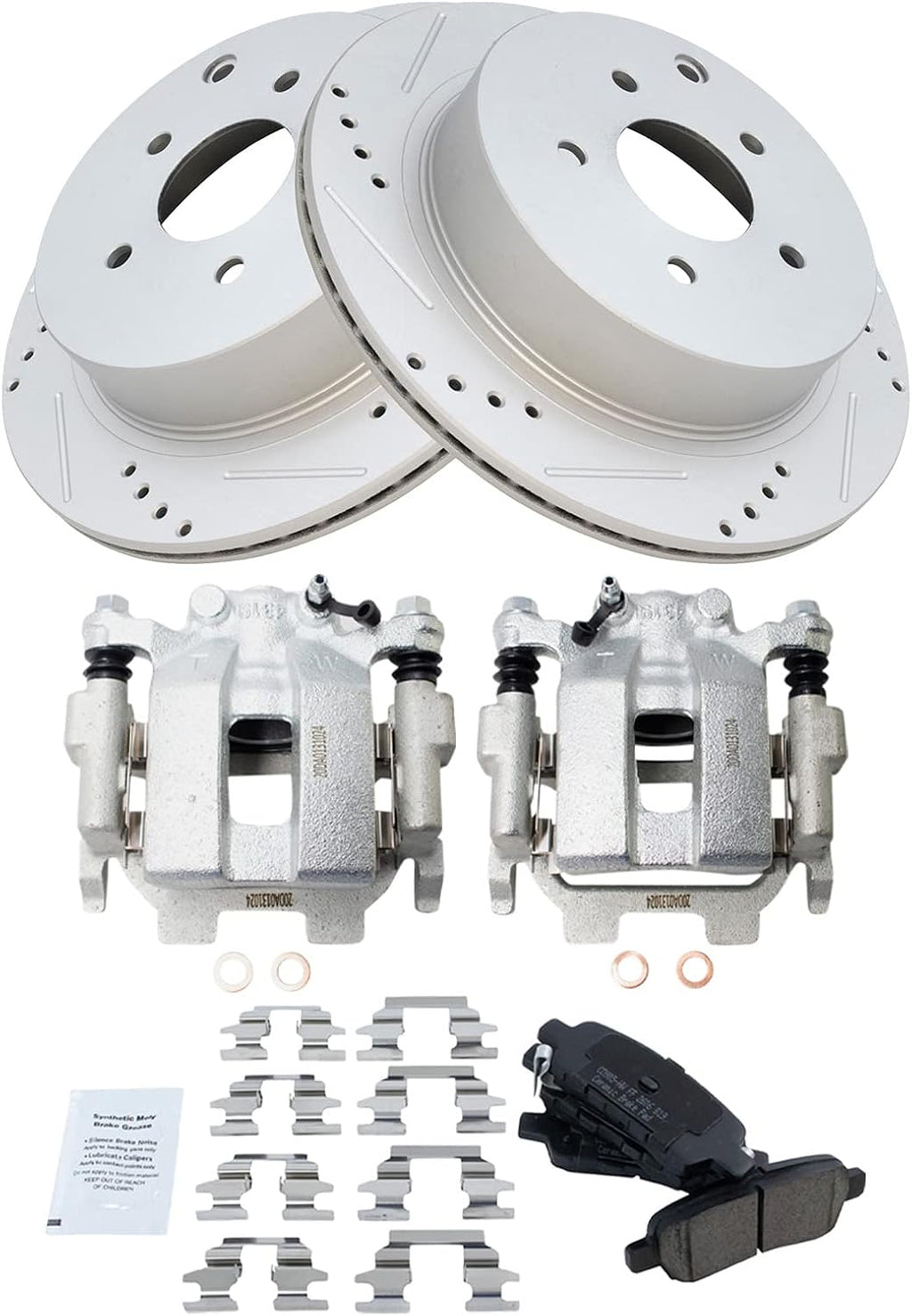 TRQ Performance Rear Brake Pad & Rotor Set Ceramic Drilled Coated Calipers Compatible with 09-18 Nissan Murano 11-17 Quest 13-20 Pathfinder 11-13 Infiniti M37 M56 2013 JX35 14-18 Q50 Q70 QX60