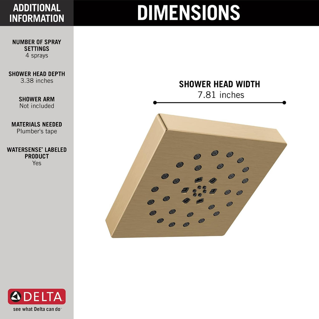 Delta 4-Setting Brushed Gold Shower Head with H2Okinetic Spray, 4 Inch Square Shower Head, Showerheads, 1.75 GPM Flow Rate, Lumicoat Champagne Bronze 52484-CZ-PR