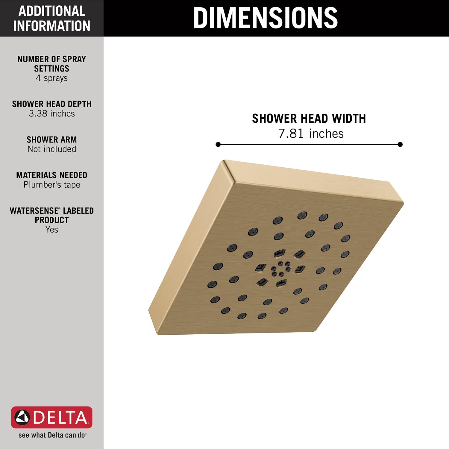Delta 4-Setting Brushed Gold Shower Head with H2Okinetic Spray, 4 Inch Square Shower Head, Showerheads, 1.75 GPM Flow Rate, Lumicoat Champagne Bronze 52484-CZ-PR