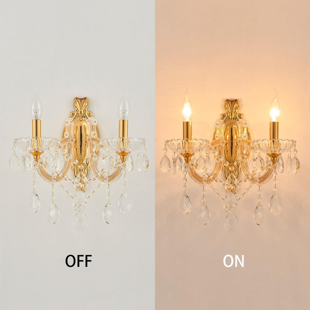 YLONG-ZS Gold Crystal Sconces Set of 2, Crystal Wall Chandelier Sconces Modern, Wall Mount Lamps Bedside, Wall Lamp Gold Wall Light for Bedroom, Living Room,Bathroom,Restrant,Hallway