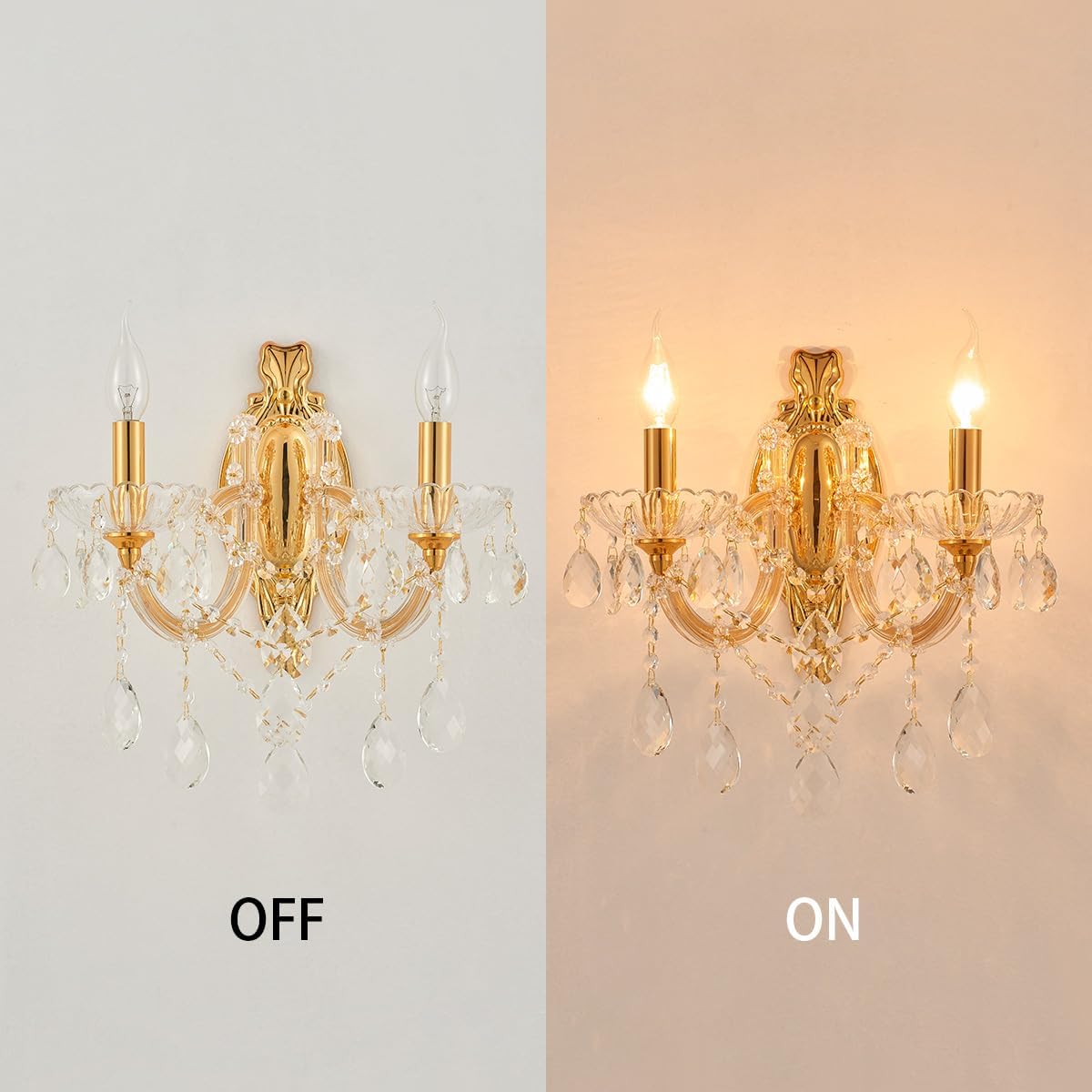 YLONG-ZS Gold Crystal Sconces Set of 2, Crystal Wall Chandelier Sconces Modern, Wall Mount Lamps Bedside, Wall Lamp Gold Wall Light for Bedroom, Living Room,Bathroom,Restrant,Hallway