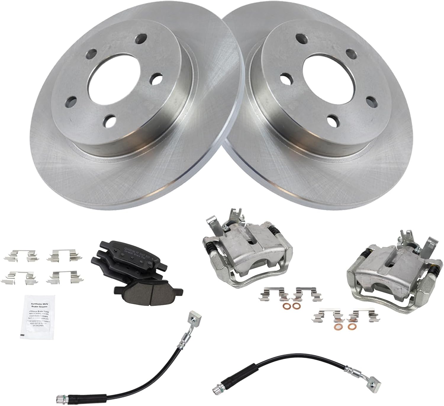 TRQ Rear Brake Pad and Rotor Set Ceramic Rotors Calipers Hoses Compatible with 2004-2012 Chevrolet Malibu 2005-2010 Pontiac G6 2007-2009 Saturn Aura