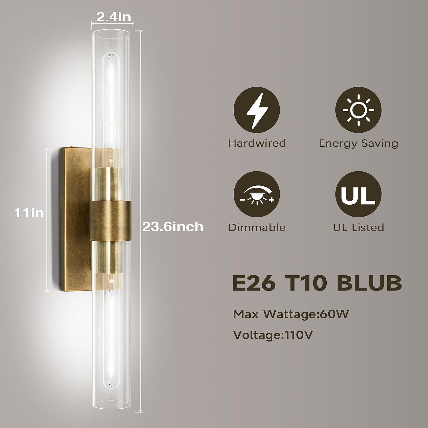 Brass and Glass Wall Sconces, 22.8' Vanity Lights for Bathroom 2 Lights, Horizontal or Vertical Linear Gold Wall Lamp, Indoor Sconces Wall Lighting, Tube Sconce for Living Room, Hallway
