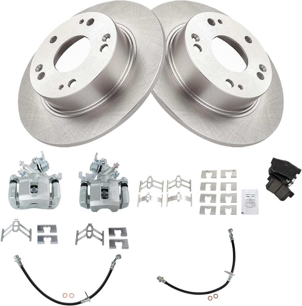 TRQ Rear Brake Pad and Rotor Set Ceramic Rotors Calipers Hoses Compatible with 2003-2007 Honda Accord