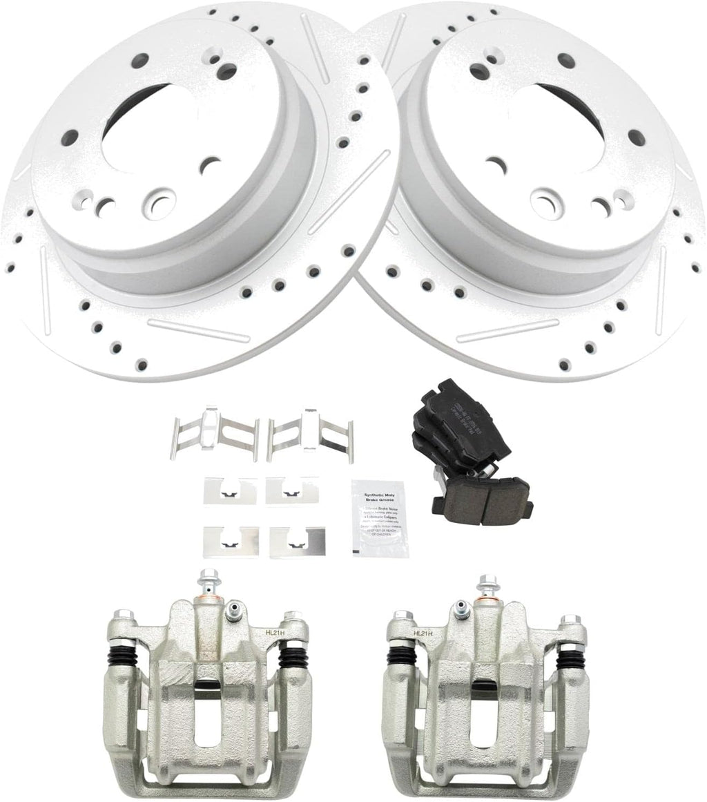 TRQ Performance Rear Brake Pad and Rotor Set Ceramic Solid G Coated Rotors Calipers Compatible with 1999-2003 Acura TL