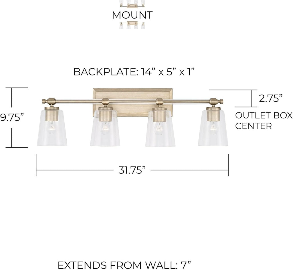 Capital Lighting 144841BS-523 Breigh Modern Clear Glass Cylinder Vanity Lights for Bathroom, 4-Light 400 Total Watts, 10' H x 32' W, Brushed Champagne