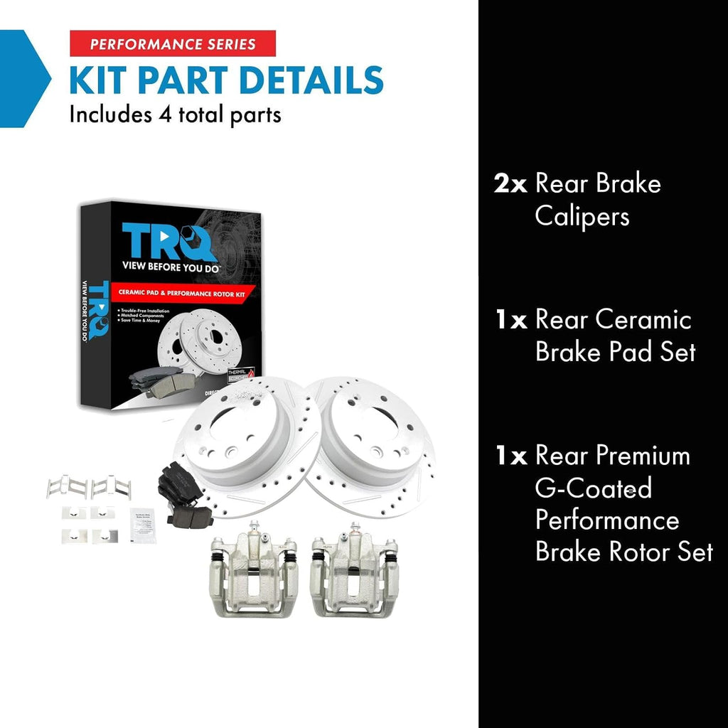 TRQ Performance Rear Brake Pad and Rotor Set Ceramic Solid G Coated Rotors Calipers Compatible with 1999-2003 Acura TL