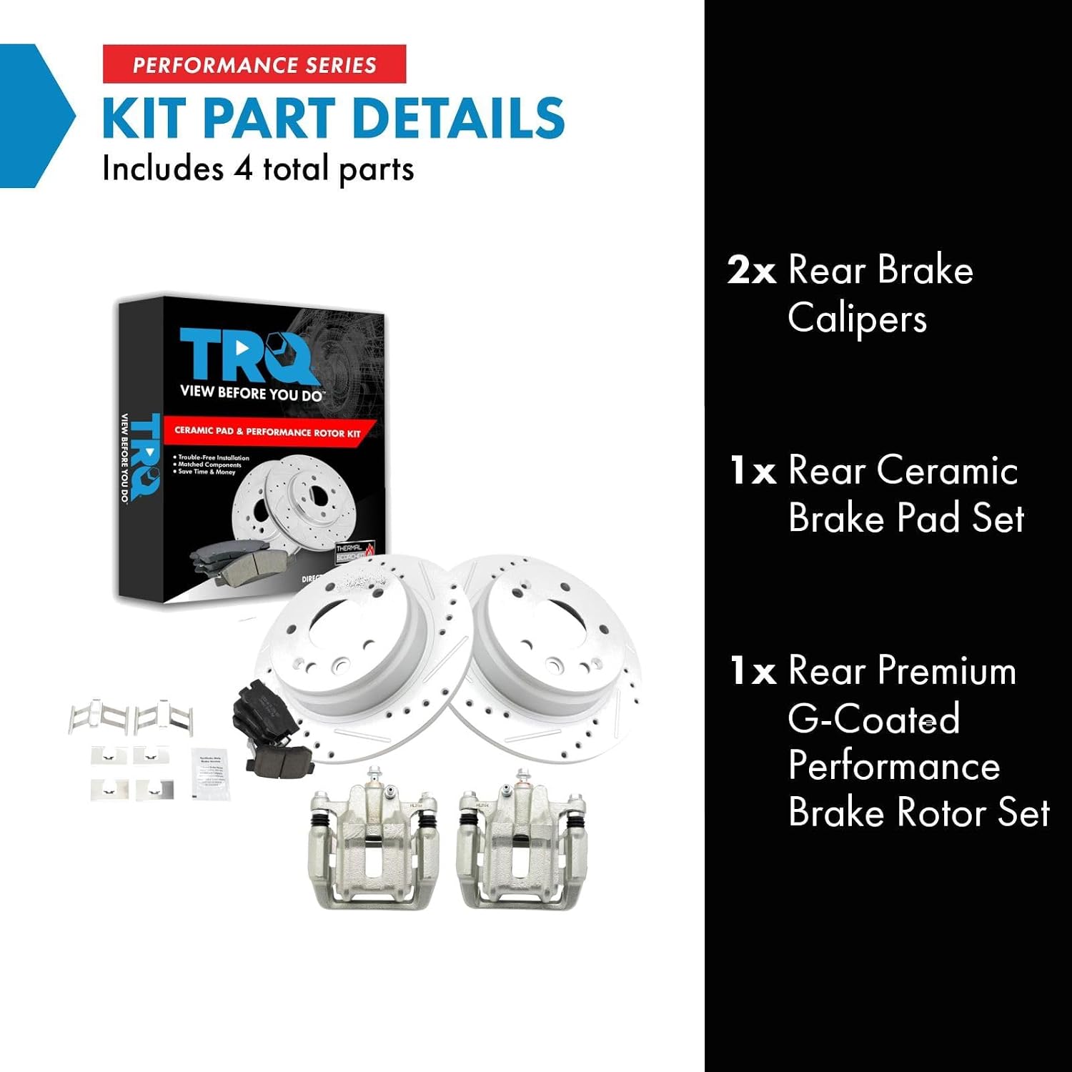 TRQ Performance Rear Brake Pad and Rotor Set Ceramic Solid G Coated Rotors Calipers Compatible with 1999-2003 Acura TL