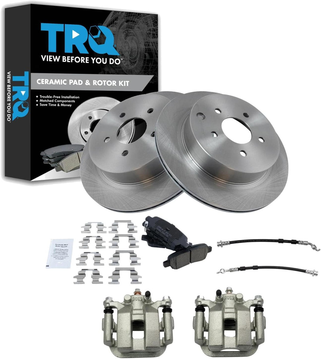 TRQ Rear Brake Pad and Rotor Set Ceramic Rotors Calipers Hoses Compatible with 2003-2007 Nissan Murano