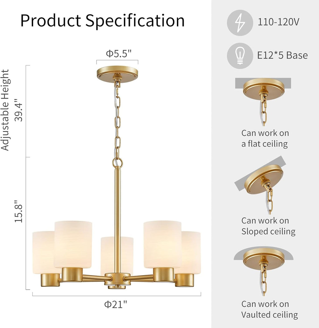 WUZUPS 5-Light Pendant Chandelier Light Frosted White Glass Shade with Grain Ceiling Lighting Elegant Modern Fixture Bathroom Kitchen Dining Room Entry Foyer, H 15.8' W21, E12 Base, Gold