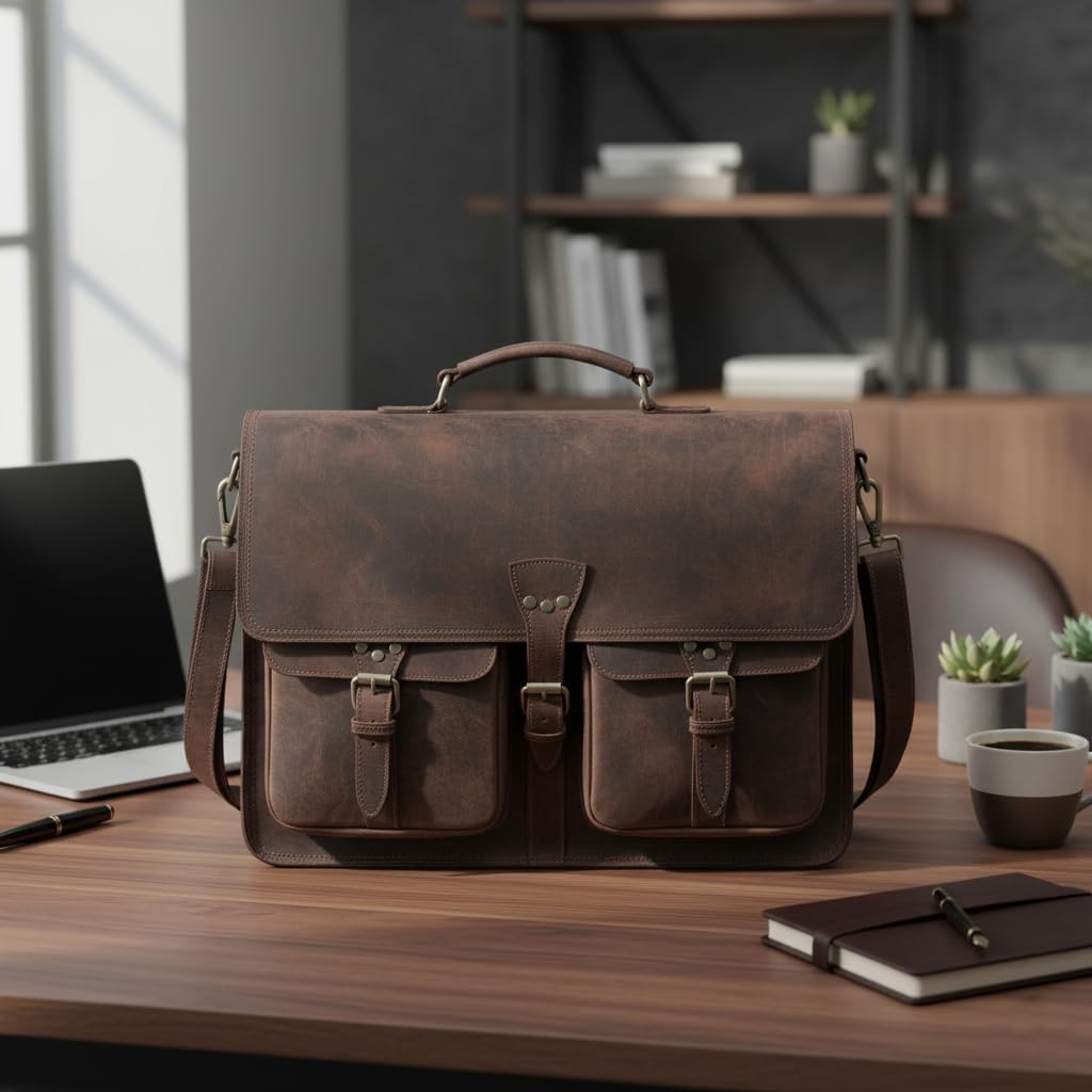 Vintage Leather Messenger Bag for Men & Women, Multi-Pocket Briefcase Satchel, Laptop Shoulder Bag