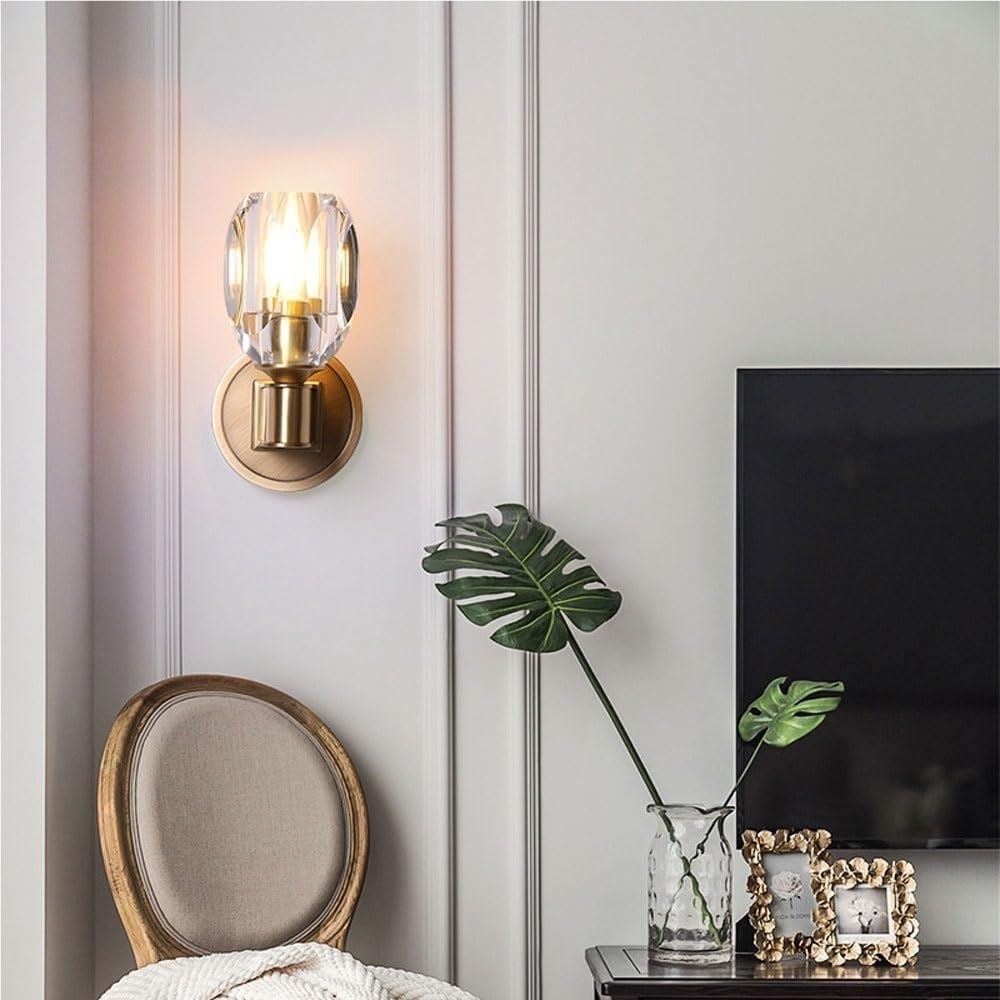 Modern Brass Wall Sconce with Faceted Crystal Shade Upward Facing Light Fixture E14/E12 Base Brushed Gold Tone Bedside Lamp Decor for Bedroom Living Room Hallway