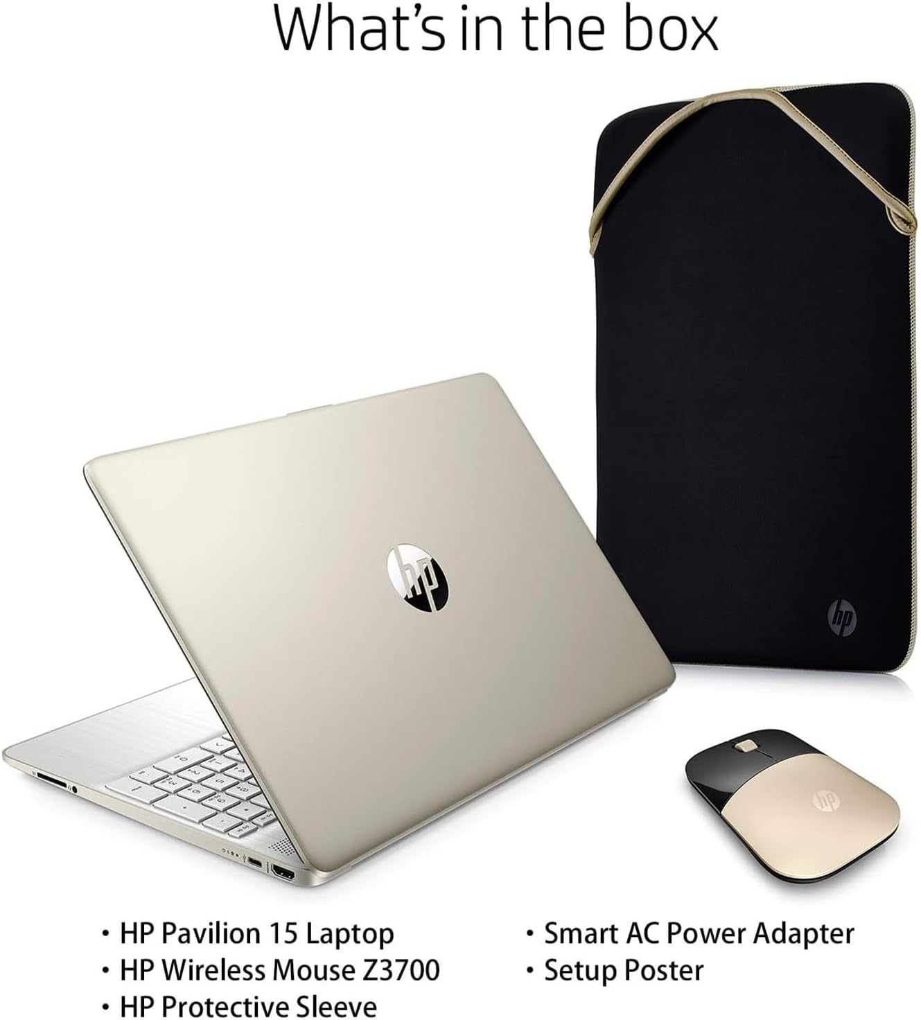 HP 15.6' Everyday Laptop, AMD Efficient Dual-Core Processor, 8GB RAM, 128GB SSD, USB-C, SD Card Reader, HDMI, Wi-Fi & Bluetooth, Long Battery Life, Windows 11 with 1 Year Microsoft 365, Gold