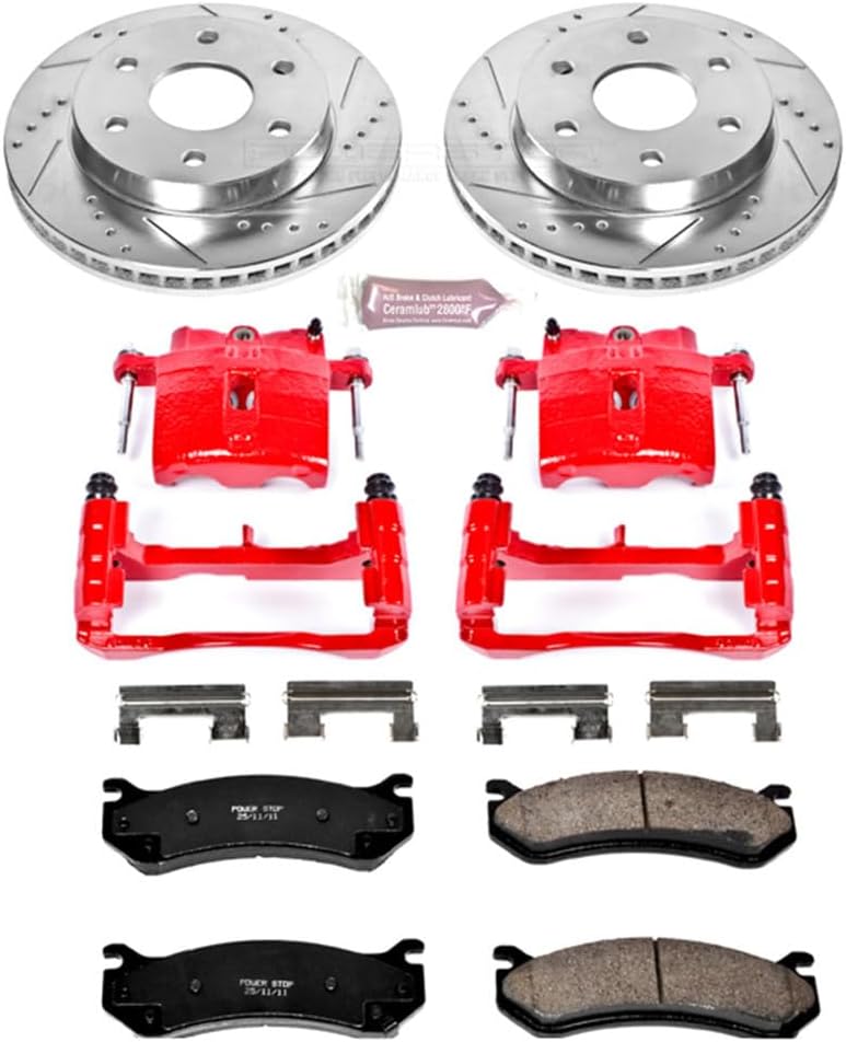PowerStop Front Brake Kit for Cadillac Escalade 2002-06 |Escalade ESV 2003-06 |Escalade EXT 2002-06 - Carbon-Fiber Ceramic Brake Pads + Drilled & Slotted Rotors + Red Powder Coated Calipers, KC2009
