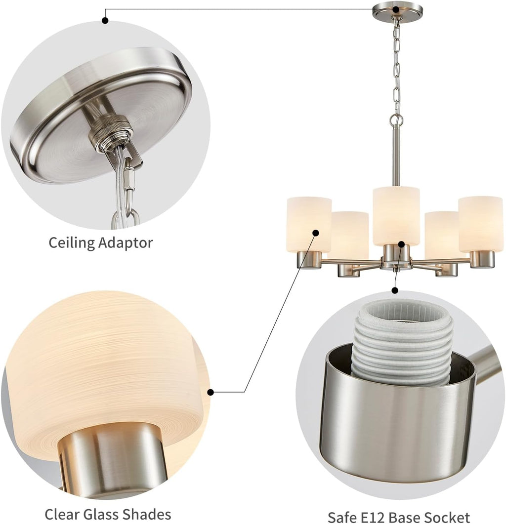 WUZUPS 5-Light Pendant Chandelier Light Frosted White Glass Shade with Grain Ceiling Lighting Elegant Modern Fixture Bathroom Kitchen Dining Room Entry Foyer, H 15.8' W21, E12 Base, Brushed Nickel
