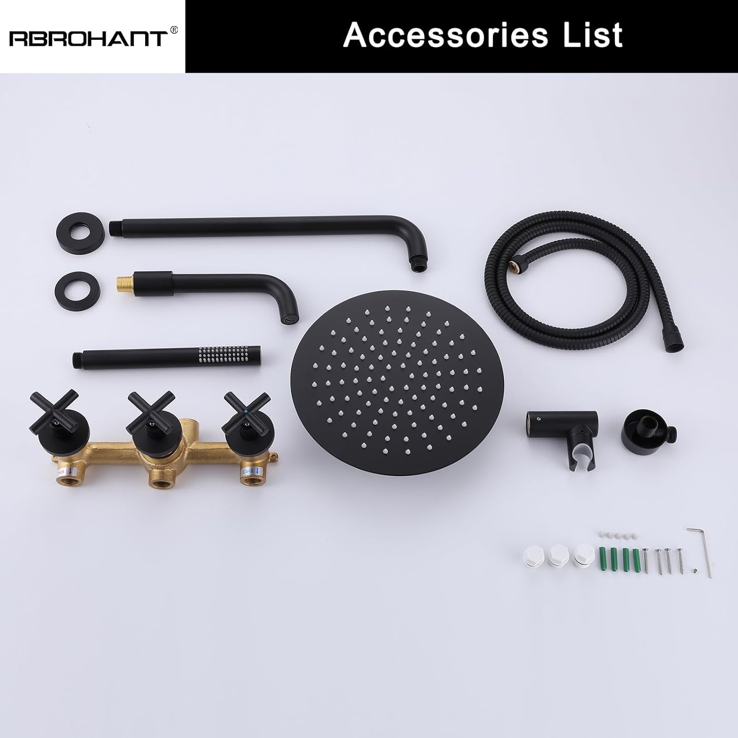 RBROHANT Matte Black Shower System with Tub Spout, Brass Bathtub Shower Faucet Set with 3 Way Rough-in Valve,10 Inch Round Shower Head Set with Tub Spout and Handheld, JK0300