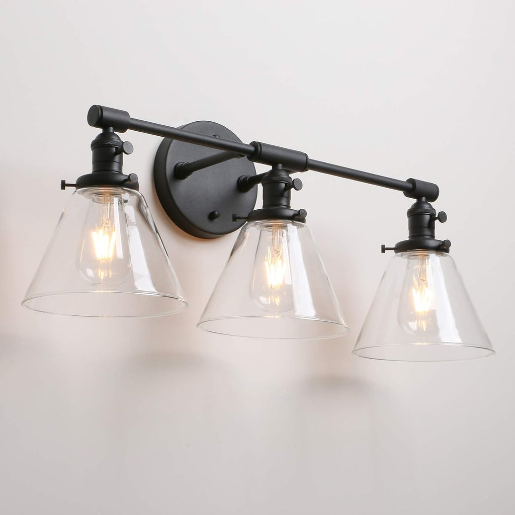 Permo Vintage Industrial Antique Three-Light Wall Sconces with Funnel Flared Clear Glass Shade (Black)