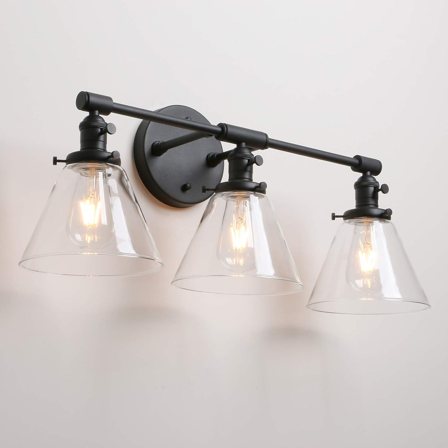 Permo Vintage Industrial Antique Three-Light Wall Sconces with Funnel Flared Clear Glass Shade (Black)