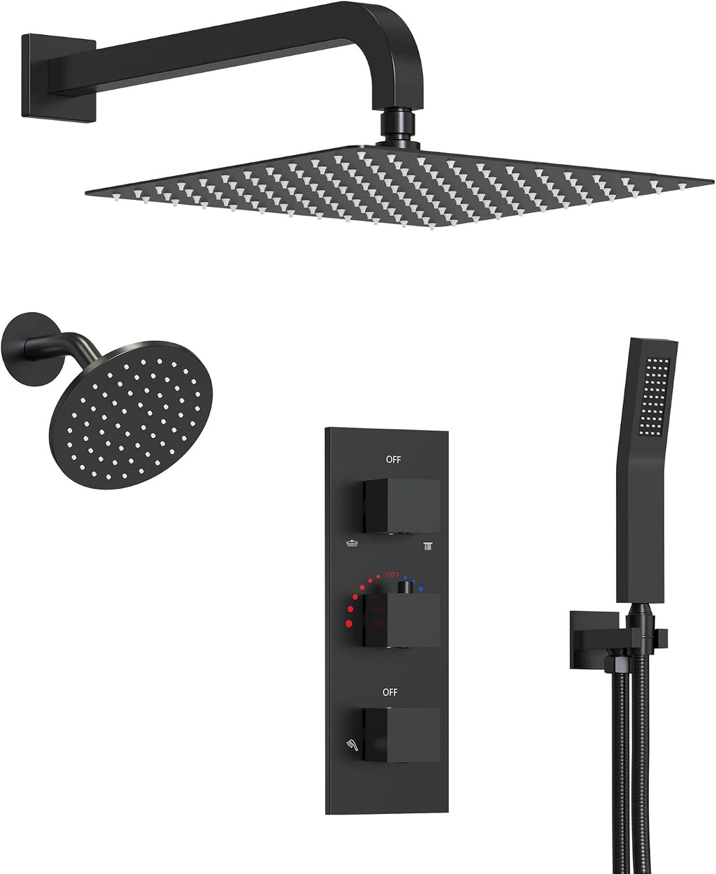 Thermostatic Shower system, 12 & 6 in. Bathroom Shower Set Wall Mount Dual Shower Head Faucet in Matte Black