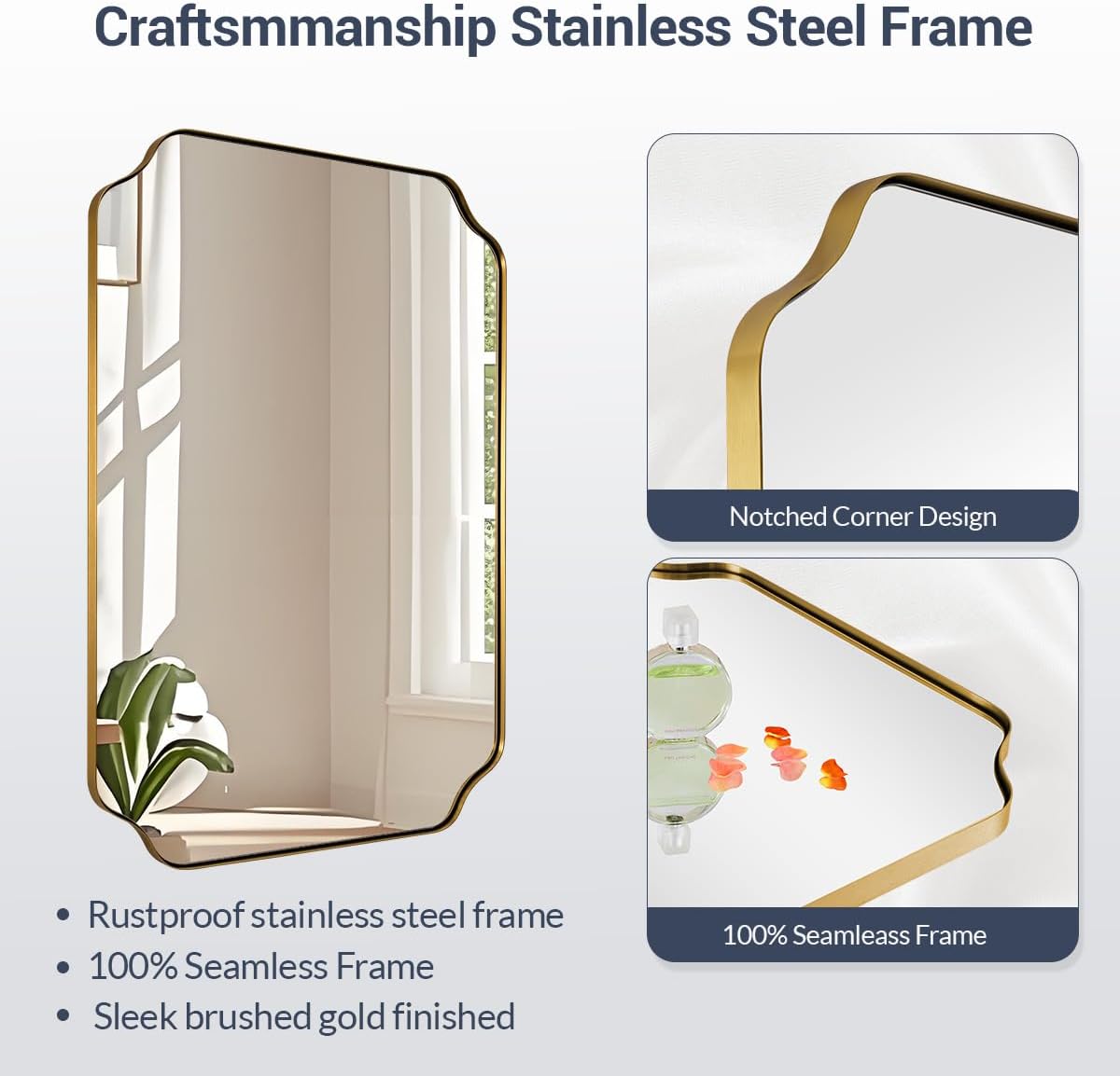 MIRRORART Gold Bathroom Mirrors 22x30'', Scalloped Brass Vanity Mirrors Rounded Notched Corner in 1'' Anti-Rust Seamless SUS304 Metal Frame Wall Mounted Vertical/Horizontal for Bathroom, Over Sinks